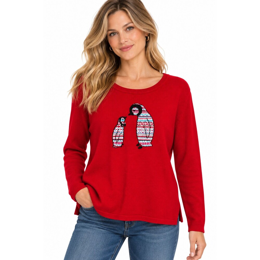 Talbots Penguin Sweater Size 2x Red Intarsia Sequin Cotton Blend Holidays Winter